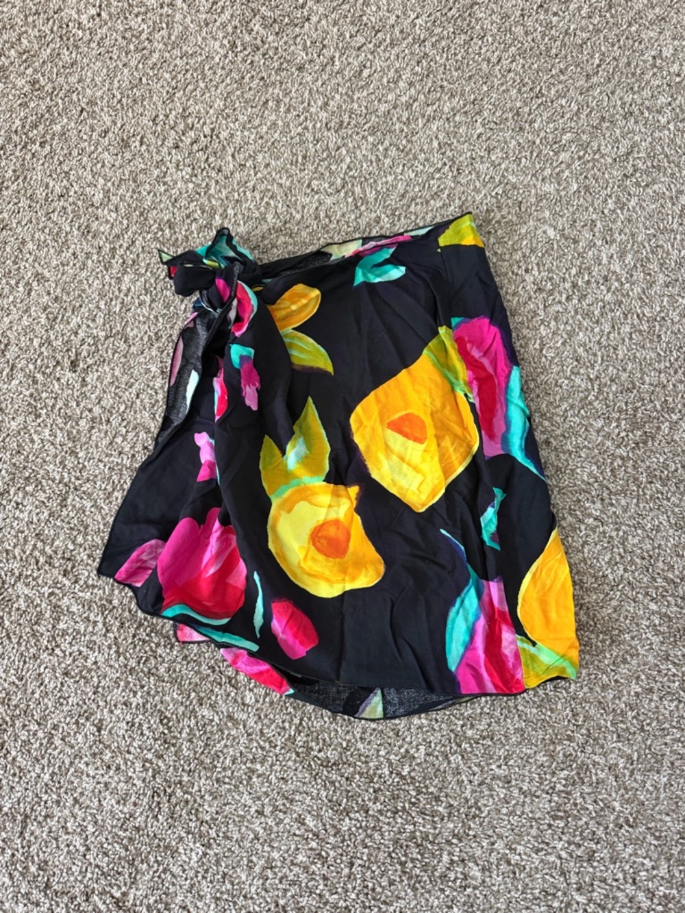 Dotti Black Floral Tie-Side Swim Sarong with Yellow, Pink & Teal Accents
